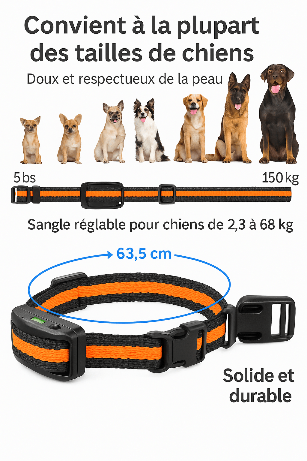 Collier anti aboiement pour chien ajustable – sangle réglable de 2,3 à 68 kg