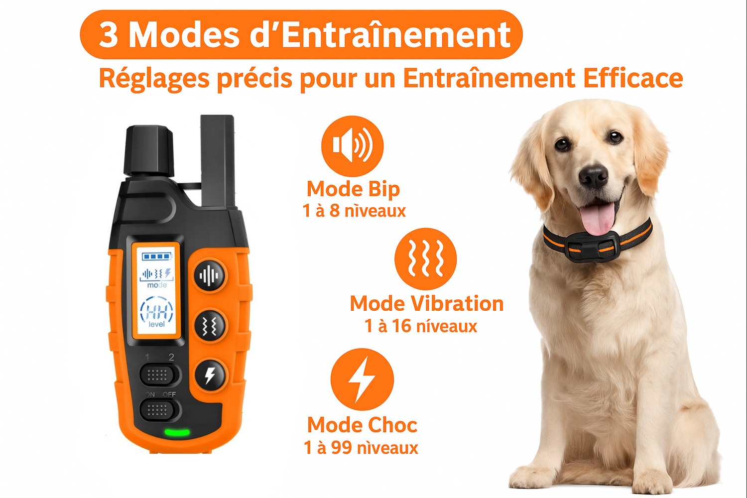 Collier de dressage pour chien avec 3 modes : bip, vibration et choc – niveaux réglables